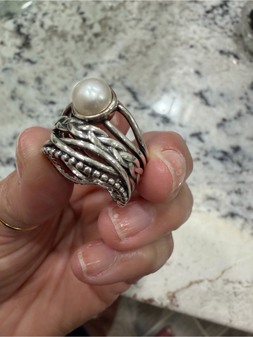 Multi-Band Sterling Silver Pearl Ring - White Pearl